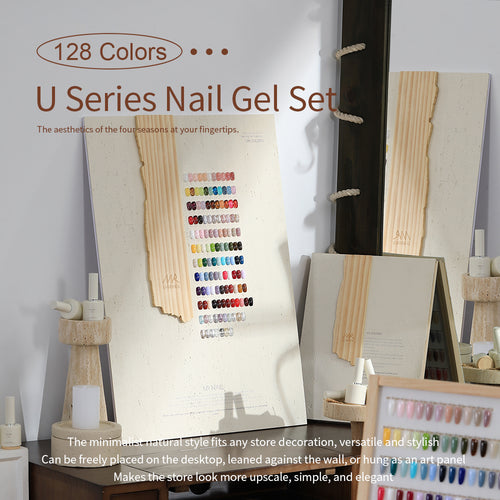 MR NAIL U Series Nail Gel Set color chart display with 128 swatches for shade selection and salon presentation